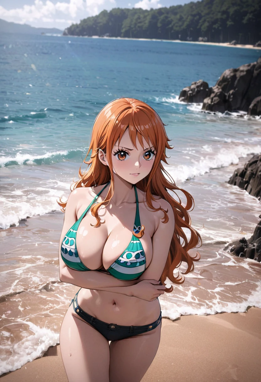 masterpiece, best quality), intricate details, 1 girl, woman, orange hair, nami \ (one piece\), (long hair), clothes, wearing swimsuit, beach, scenery, ((front view)) ((close up shot)) ((solo)), detailed, very high resolution, no blurry image, full body, orange eyes, sligh wavy hair, ((nami from one piece)) ((female nami from one piece)), (swimsuit), ((big breasts)), sexy pose