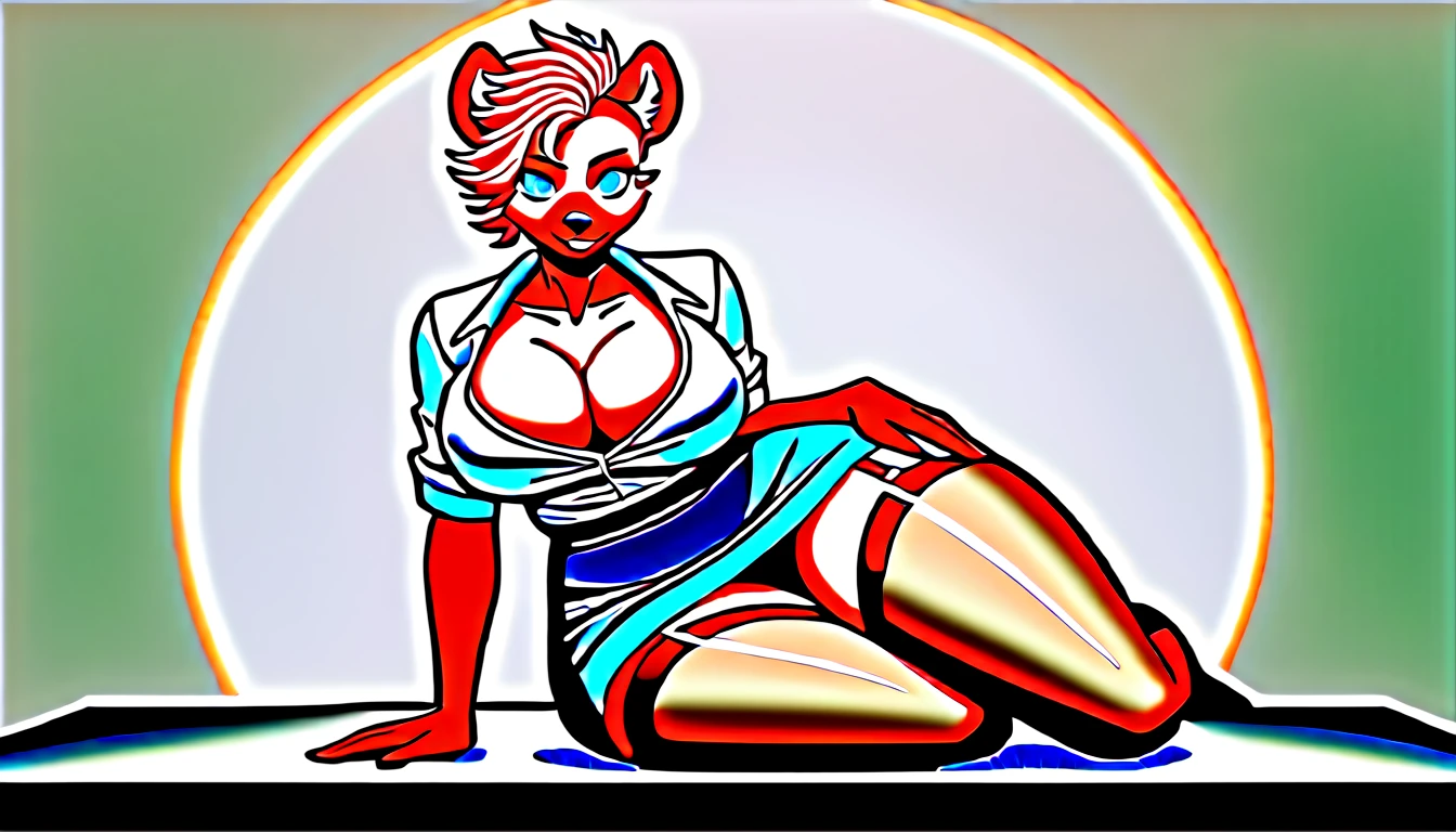score_9, score_8_up, score_7_up, score_6_up, score_5_up, score_4_up, (solo), female anthro hyena, secretary clothes, skirt, lusty, fluffy body, long blond hair, turquoise eyes, (thick thighs:1.5)((( offering the breasts))) sex partial clothes, (((cleavage))) semi-butonned uniform niform, (barely_visible_booba) (she is sitting) , giant breasts, garter belt tights