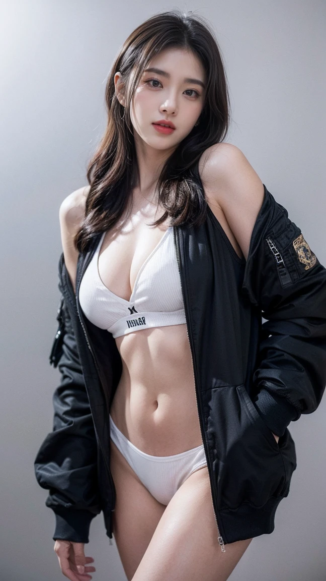 photorealistic, high resolution, (cowboy shot:1), soft light,1 girl, (stand pose), (Over-the-Shoulder Look), (wear black bomber hoodie), (wear white panties), (detailed face), brown black hair, long hair, plumpy body, cleavage, thigh. narutal big breast, (cloth colors based on black and white), (gray background), gray background