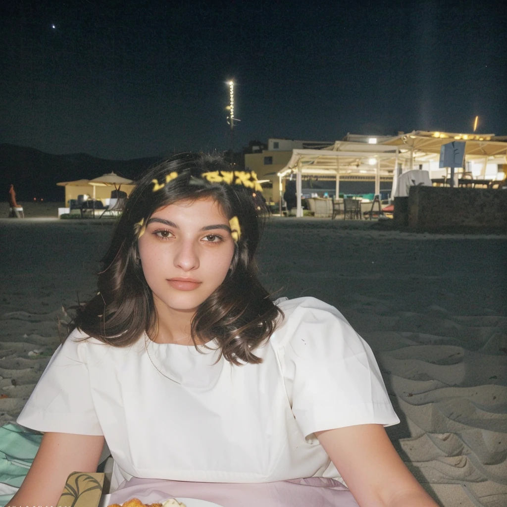 there is a woman sitting on the ground with a plate of food, profile image, at nighttime, low quality photo, night photo, sitting on the beach at night, christina kritkou, photo taken at night, photo taken in 2 0 2 0, at night, taken in the late 2000s, by Nándor Katona, scanned
