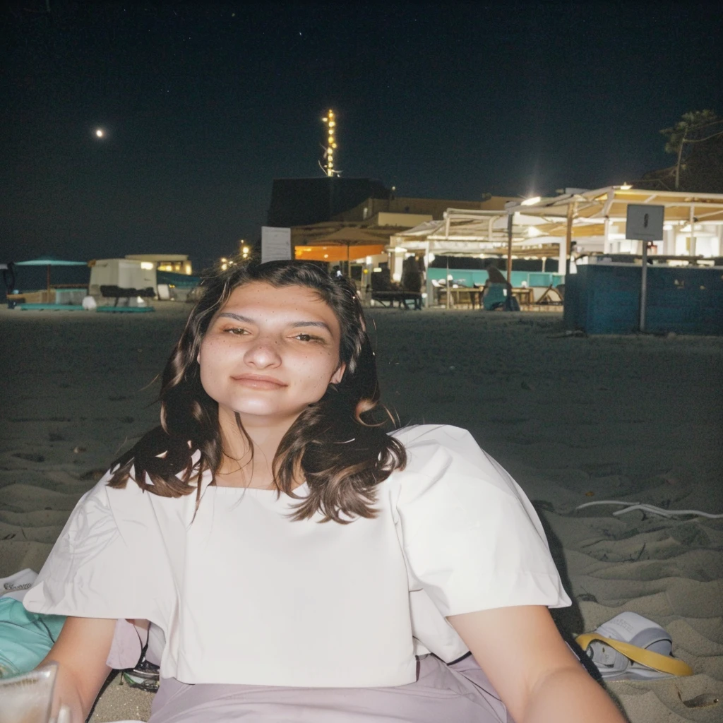 there is a woman sitting on the ground with a plate of food, profile image, at nighttime, low quality photo, night photo, sitting on the beach at night, christina kritkou, photo taken at night, photo taken in 2 0 2 0, at night, taken in the late 2000s, by Nándor Katona, scanned