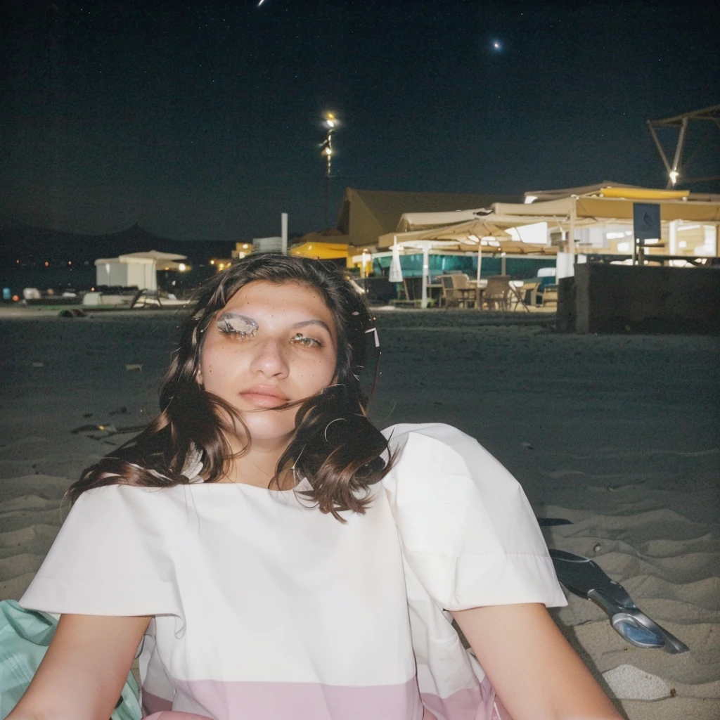 there is a woman sitting on the ground with a plate of food, profile image, at nighttime, low quality photo, night photo, sitting on the beach at night, christina kritkou, photo taken at night, photo taken in 2 0 2 0, at night, taken in the late 2000s, by Nándor Katona, scanned