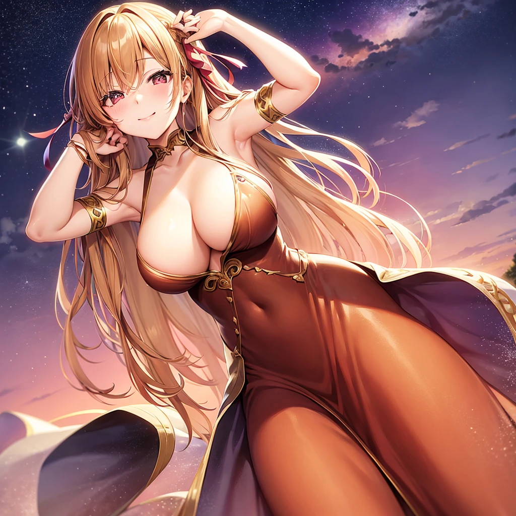 asuna,STAR, crown half up hairstyle, woman, seductive smile, large breasts, peach pink pupils, beautiful long dress, brown Clothes, dusk, dusk sky, sunset,Free Pose、Shoulder Off、Big Breasts、Cleavage exposure、Only one woman、Low - Angle