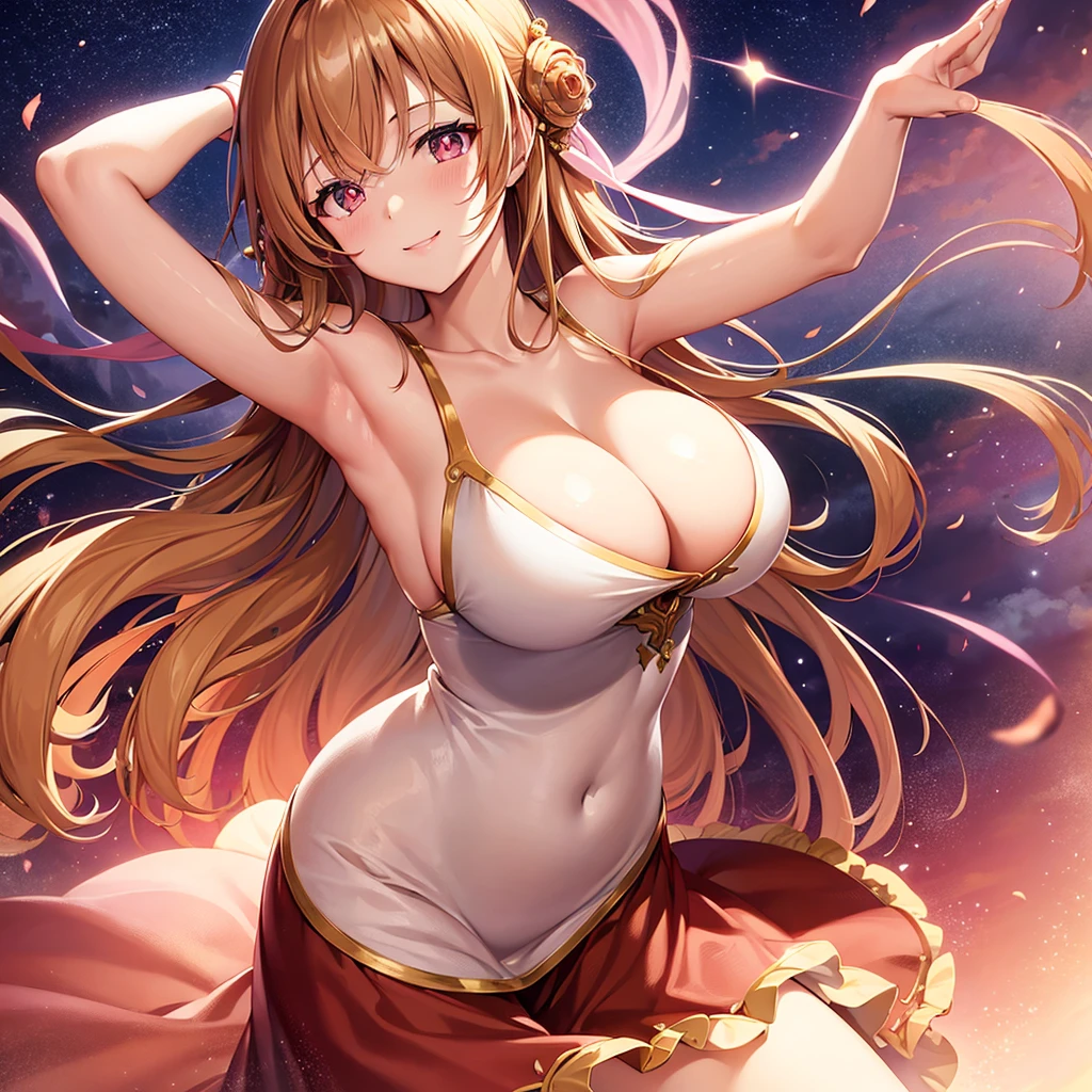 asuna,STAR, crown half up hairstyle, woman, seductive smile, large breasts, peach pink pupils, beautiful long dress, brown Clothes, dusk, dusk sky, sunset,Free Pose、Shoulder Off、Big Breasts、Cleavage exposure、Only one woman、Low - Angle