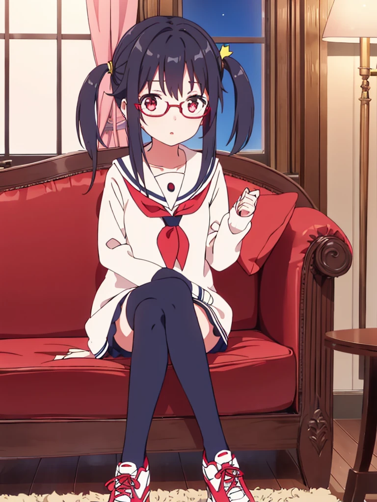 1 girl black hair red eyes in a navy sailor  with stockings with glasses with decorations in her red hair sitting in an armchair in a room with red tennis shoes with pink and black 