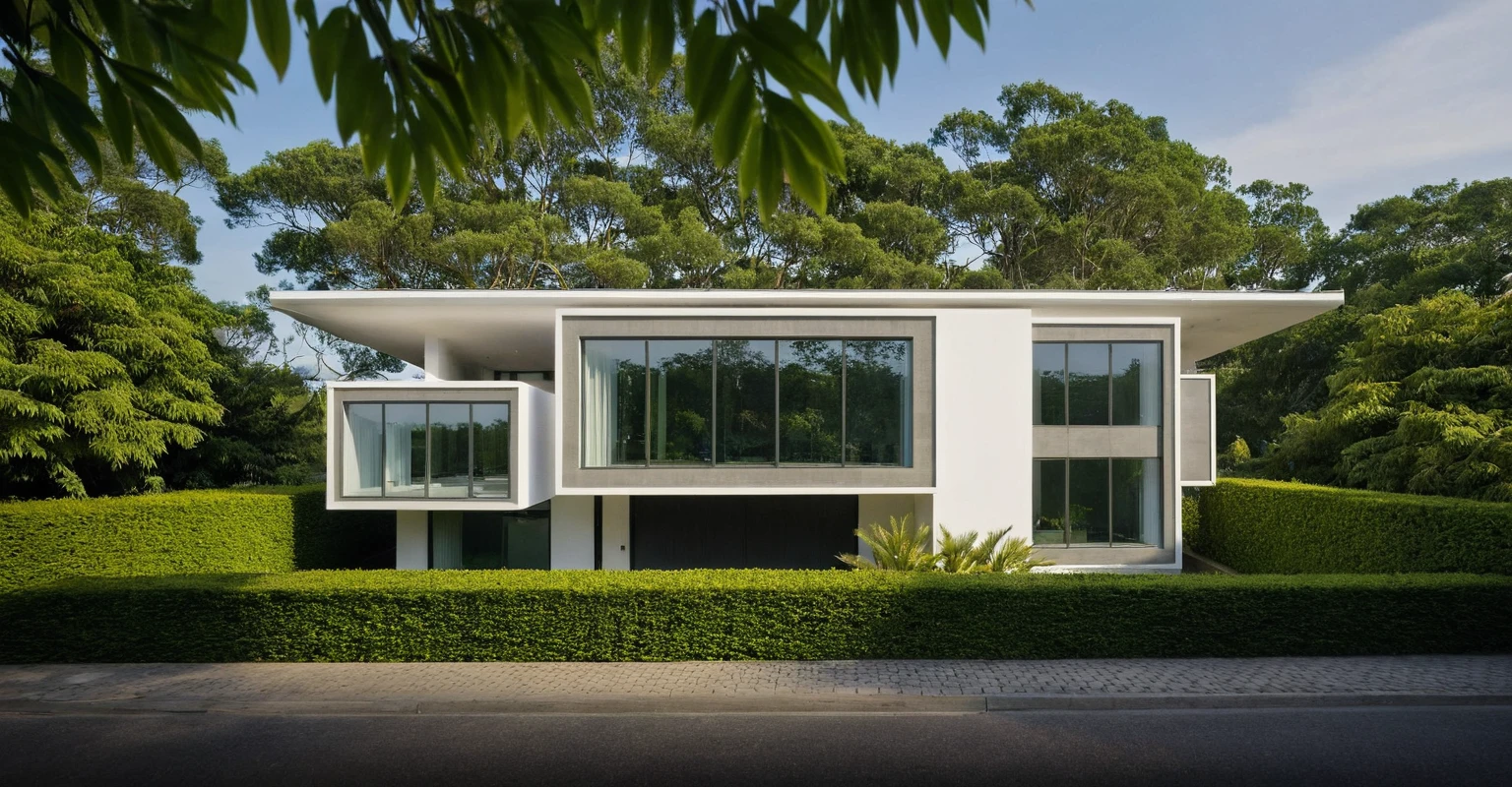 A wide angle shot shows the front view of a contemporary two-story villa with white walls and glass windows, design by Tadao ando,surrounded by lush greenery, adorned with vibrant tropical plants,architecture photography award, iwan baan, Taken on a Canon EOS R5 using a Canon RF 24-70mm f/2.8L IS USM lens at an F3.2 aperture setting in the style of Canon --ar 16:9 --c 5 --s 50 --v 6.0
