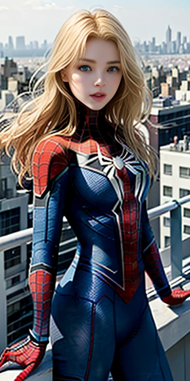 Highest quality、８K、One Woman、front、The whole body is shown、Wearing a Spider-Man suit、Real Face、Blonde、Blue Eyes、beautiful、２０代beautifulの女性、Looking at the city from the rooftop of a building