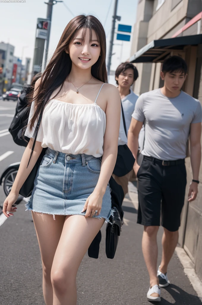 (8k, RAW photo, best quality, masterpiece:1.2), (realistic, photo-realistic:1.4), (extremely detailed 8k wallpaper), Japanese 20 age woman,We arrived at the meeting place for our date. she had a very happy smilemShe looks like she's going on a date wearing a camisole and miniskirt.