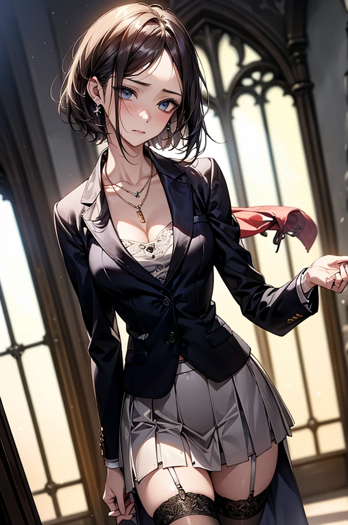 ((Biologically correct limb count))、(( Full-body photo including face))、4K、((Standing position))、masterpiece、((Focus on the face))、((Symmetrical facial features))、Eye for detailed depiction、Beautiful blue-haired woman、Excellent style、Beautiful clavicle、Beautiful feet、Beautiful Hands、Slender body、(Patent leather blazer、skirt、Colored Stockings、garter belt、High heels)、Facial detailing、Small earrings、necklace、tie、Wedding scene in the chapel、((A ray of light pours down))、(Low - Angle、下からskirtの中を撮影するカメラアングル)、Black Hair、Silver Hair、((Embarrassed face)))、((Face forward and stick your chin out))、Close-up photo of the upper body、