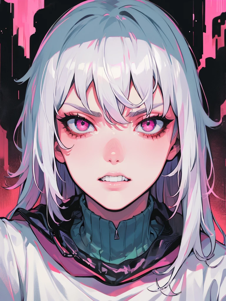 (masterpiece, best quality),(half body), 1 men, silver hair, green eyes  , T-shirt , white shirt , Throat, wet with sweat, Six pack, pink nipples, Insidious, Sharp-eyed, fierce eyes, canine teeth, 