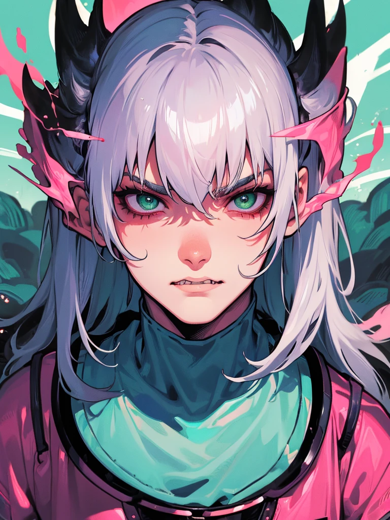 (masterpiece, best quality),(half body), 1 men, silver hair, green eyes , T-shirt , white shirt , Throat, wet with sweat, Six pack, pink nipples, Insidious, Sharp-eyed, fierce eyes, canine teeth,