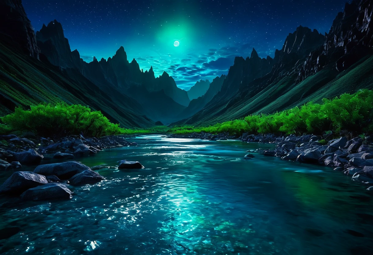 Generate a breathtaking and unique landscape photo using SDXL. The scene should depict a surreal and otherworldly environment where towering, jagged mountains are covered in bioluminescent vegetation that glows in shades of blue and green. A crystalline river winds its way through the valley, its water shimmering with iridescent hues under the light of a large, luminescent moon hanging low in the sky. The sky is filled with vibrant, swirling colors of a twilight that blends purples, pinks,
