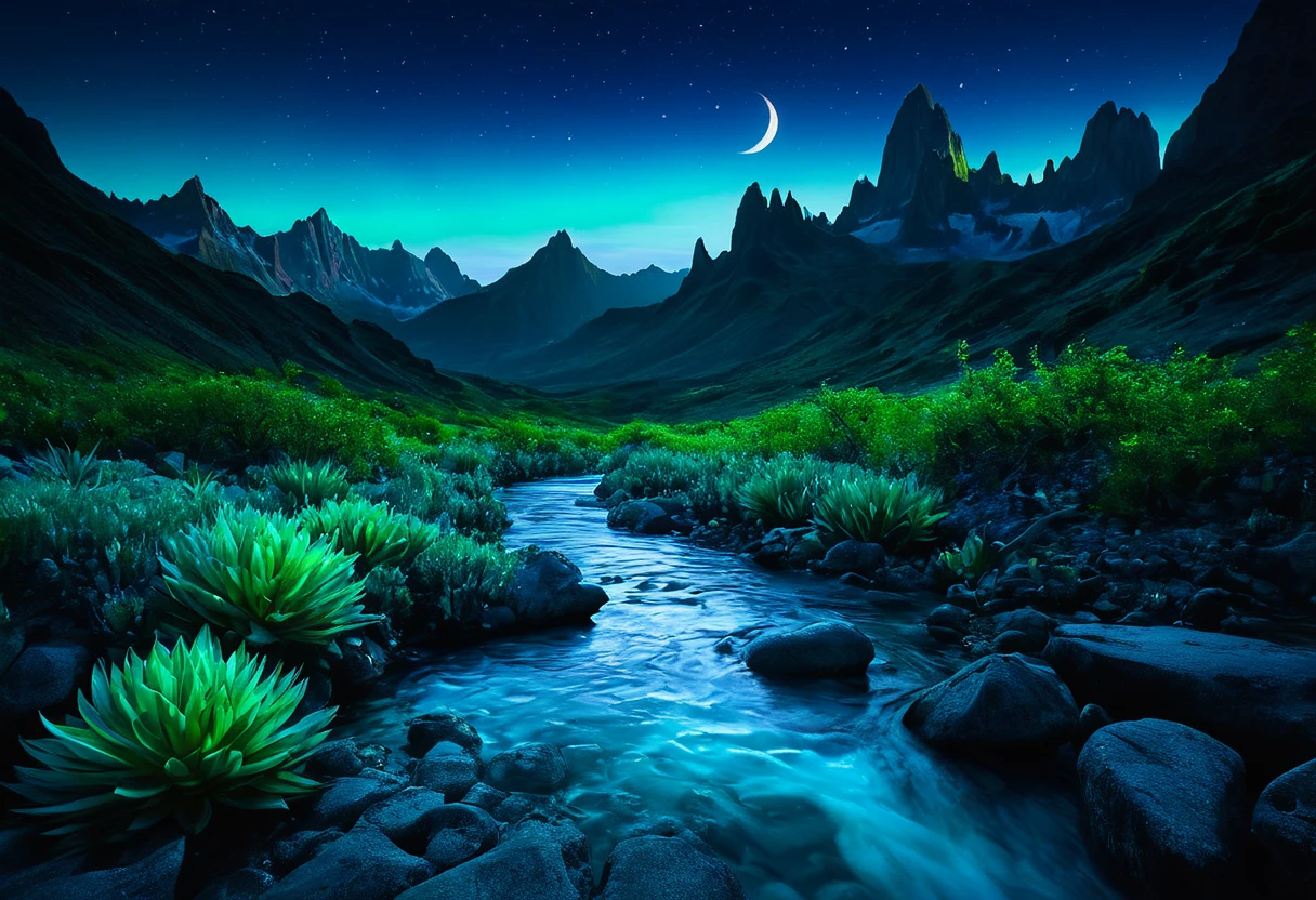 Generate a breathtaking and unique landscape photo using SDXL. The scene should depict a surreal and otherworldly environment where towering, jagged mountains are covered in bioluminescent vegetation that glows in shades of blue and green. A crystalline river winds its way through the valley, its water shimmering with iridescent hues under the light of a large, luminescent moon hanging low in the sky. The sky is filled with vibrant, swirling colors of a twilight that blends purples, pinks,