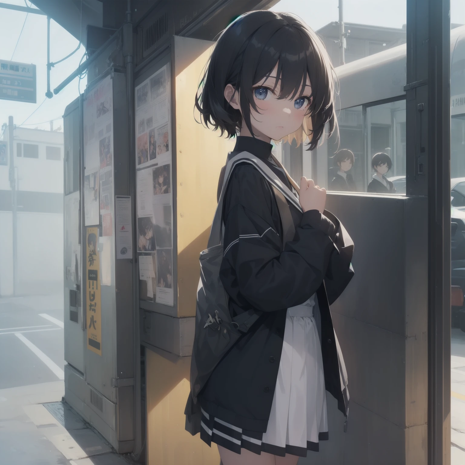 ultra-absurdres-Top quality by artist God, ultra-detailed, high resolution, anime moe artstyle, best anime 8k konachan wallpaper, pixiv contest winner, pool:2810, perfect ???????,break, 1girl, (Please draw a girl walking sleepily to school alone. )break,(Solo,little female, 13-year-old:1.3),Full limbs, complete fingers,a junior high school student, (very short hair), short cut, flat chest, , small butt, small black eyes, beautiful detailed eyes, well-proportioned iris and pupils, expressive eyes, highres detailed hair, soft expression, salor school_uniform, sailor collar, serahuku, bow, pleated skirt,(Detailed Lighting), (Detailed background), in the School commute route. break,super detailed skin, Best cinematic lighting powered by famous artist, 8k,beauty illustration,photoshop_(medium),very aesthetic,break,((artist:yamamoto_souichirou )), artist:clamp ,artist:carnelian ,artist:kantoku ,
