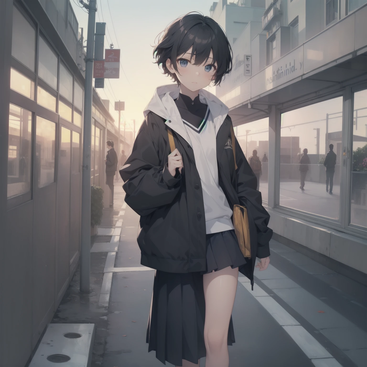 ultra-absurdres-Top quality by artist God, ultra-detailed, high resolution, anime moe artstyle, best anime 8k konachan wallpaper, pixiv contest winner, pool:2810, perfect anatomy,break, 1girl, (Please draw a girl walking sleepily to school alone. )break,(Solo,little female, 13-year-old:1.3),Full limbs, complete fingers,a junior high school student, (very short hair), short cut, flat chest, , small butt, small black eyes, beautiful detailed eyes, well-proportioned iris and pupils, expressive eyes, highres detailed hair, soft expression, salor school_uniform, sailor collar, serahuku, bow, pleated skirt,(Detailed Lighting), (Detailed background), in the School commute route. break,super detailed skin, Best cinematic lighting powered by famous artist, 8k,beauty illustration,photoshop_(medium),very aesthetic,break,((artist:yamamoto_souichirou )), artist:clamp ,artist:carnelian ,artist:kantoku ,
