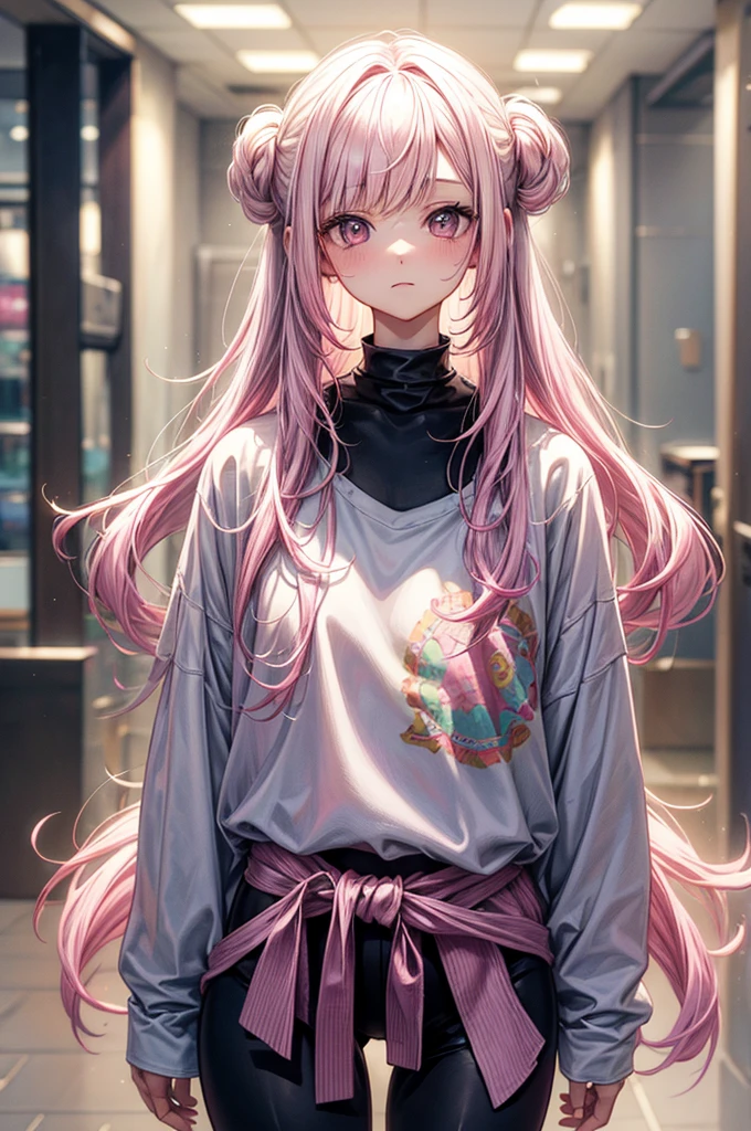 masterpiece, highly detailed, (1girl), pink-white hair, pastel colors, cozy atmosphere, natural lighting, waist high leggings, oversized T-shirt, 16 year old teenager, soft facial features, short height(150cm), short-stack body type, cowboy shot