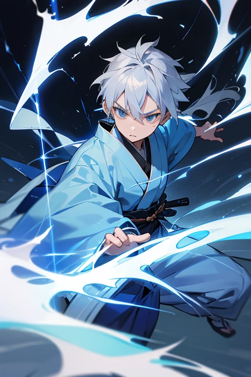 A samurai of about 14 years old with silver hair and wearing a blue kimono. Charges with lightning.