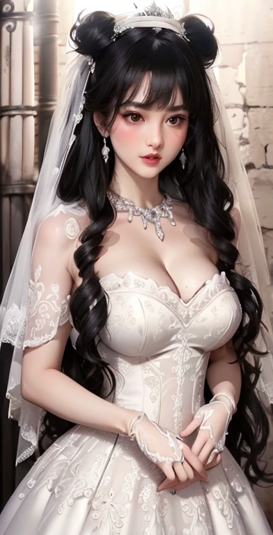 (((Full and soft breasts,)))(((Huge breasts))) (((Cleavage))) (Perfect curvy figure),Close-up of a beautiful bride in a beautiful wedding dress, Gurwitz,（Pillory：1.5）, （flail：1.2）,  flail on the head, flail on the hands,whole body照,  whole body, (Wedding Veil: 1.5), (Transparent short veil: 1.5), blush, Flower head, Headdress, Very exquisite princess wedding dress,(Tube Wedding Dress: 1.5), (Silk dress: 1.2 ), (Strapless Wedding Dress: 1.5), （and floor-length skirts：1.2）, Pure white dress,White long skirt, necklace, earrings, (Huge breasts: 1.3), Deep V-neck wedding dress, Bangs, Lipstick, (Lace gloves: 1.3),  High detail RAW color art,