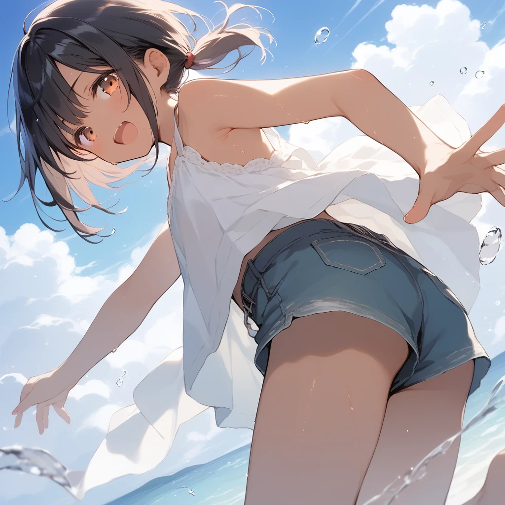 score_9, score_8_up, score_7_up, source_anime, best quality, masterpiece, official art, absurdres, highres, ultra-detailed,waifu2x,Collection: Slice of Life,break,1girl, tomboy, dark-skinned female, short hair, low ponytail, flat chest, beautiful detailed eyes, short shorts, sweat, open mouth, (yawn:0.3), sleepily, outdoors, wind,break,(clear line illustration:1.2), super detailed skin,very high resolution, very aesthetic, Best sexual lighting powered by famous artist, 8k,cute picture,beauty illustration,photoshop_(medium),,(Detailed Lighting),best anime 8k konachan wallpaper, pixiv contest winner,