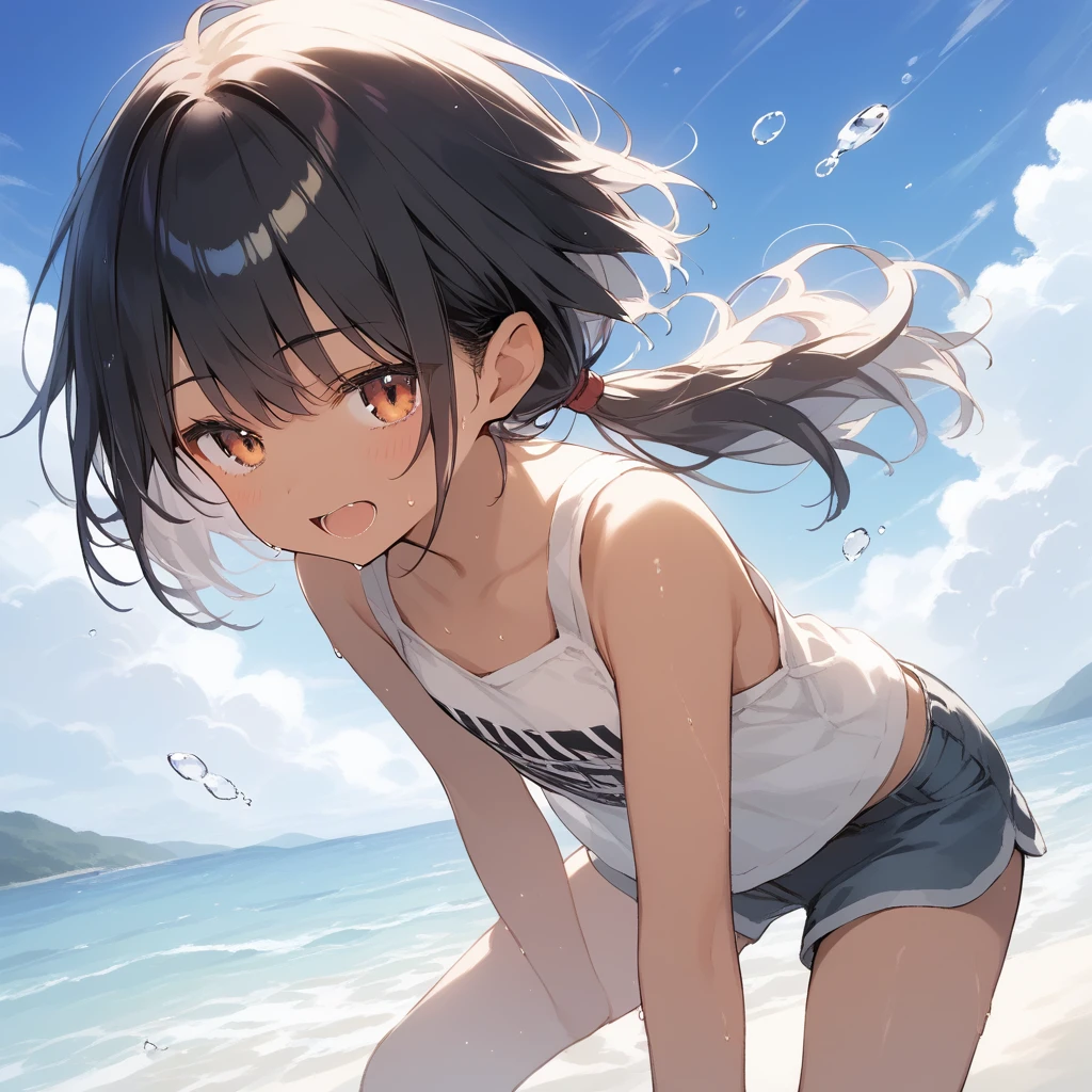 score_9, score_8_up, score_7_up, source_anime, best quality, masterpiece, official art, absurdres, highres, ultra-detailed,waifu2x,Collection: Slice of Life,break,1girl, tomboy, dark-skinned female, short hair, low ponytail, flat chest, beautiful detailed eyes, short shorts, sweat, open mouth, (yawn:0.3), sleepily, outdoors, wind,break,(clear line illustration:1.2), super detailed skin,very high resolution, very aesthetic, Best sexual lighting powered by famous artist, 8k,cute picture,beauty illustration,photoshop_(medium),,(Detailed Lighting),best anime 8k konachan wallpaper, pixiv contest winner,