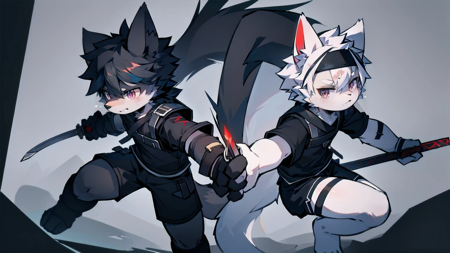 White Wolf，black hair，Red eyes，Wolf ears，Wolf Tail，juvenile，male，hairy，Hair，Half body armor，Combat uniform，Silver and black clothing，Handsome，Handsome，shorts，The forearm is exposed，leg，Fighting Stance，Duel，Two people，Anxious，Armed with a sword，Simple background，Swords
