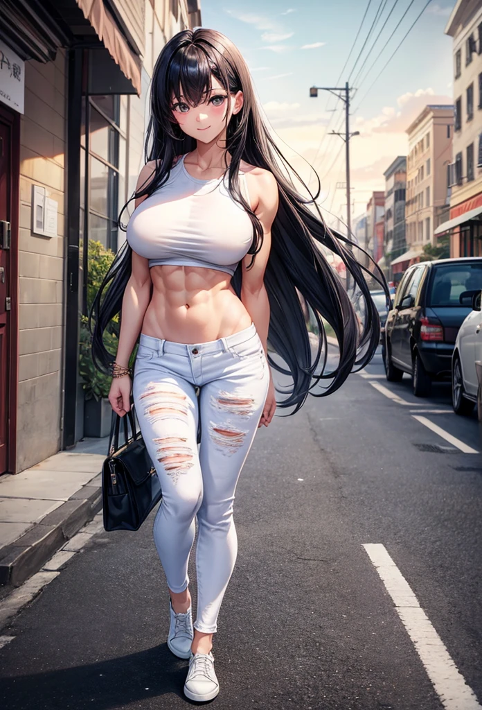 beautiful girl、Big Breasts、Black Hair、long hair、Muscular、Abdominal muscles、Toned Legs、White shirt、jeans、shoes、Are standing、The whole body is visible、Around town、A gentle smile、One girl