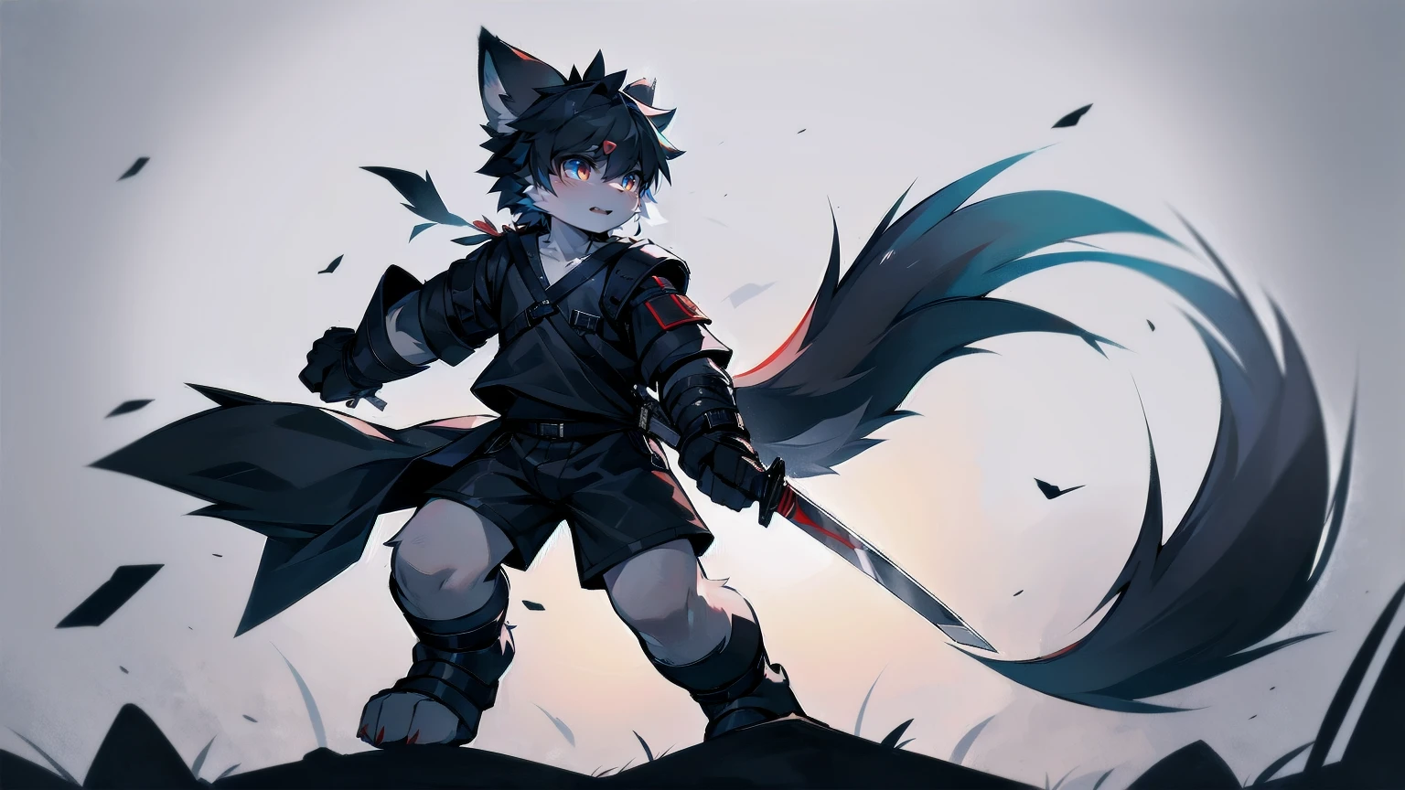 White Wolf，black hair，Red eyes，Wolf ears，Wolf Tail，juvenile，male，hairy，Hair，Half body armor，Combat uniform，Silver and black clothing，Handsome，Handsome，shorts，The forearm is exposed，leg，Fighting Stance，Duel，Two people，Anxious，Armed with a sword，Simple background，Swords