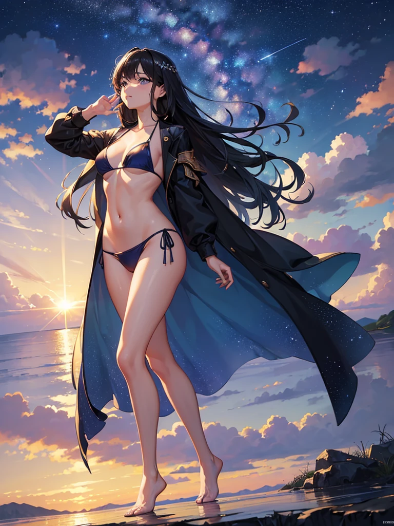 ((masterpiece, best quality:1.2)), High Definition, 8k wallpaper, Spectacular Landscape, galaxy in the sky, [1girl], Straight Hair, Hair blowing in the wind, The gesture of brushing back hair, Gazing into the distance, Sexy Bikini Armor, No Clothes, shooting star, evening sunset, reflected in water under a starry sky,