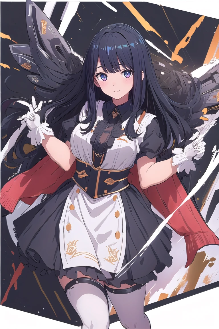 Mecha Wings、Black Skirt、sword、Accentuated thighs、White tights、chest、Black Hair、1 girl、solo girl、Thick thighs、is、Frame Arms Girl、Alice Gere Aegis、income、headphone、hand on own chest、smile、idol costume