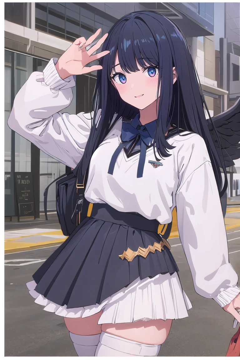 Mecha Wings、Black Skirt、sword、Accentuated thighs、White tights、chest、Black Hair、1 girl、solo girl、Thick thighs、is、Frame Arms Girl、Alice Gere Aegis、income、headphone、hand on own chest、smile、idol costume