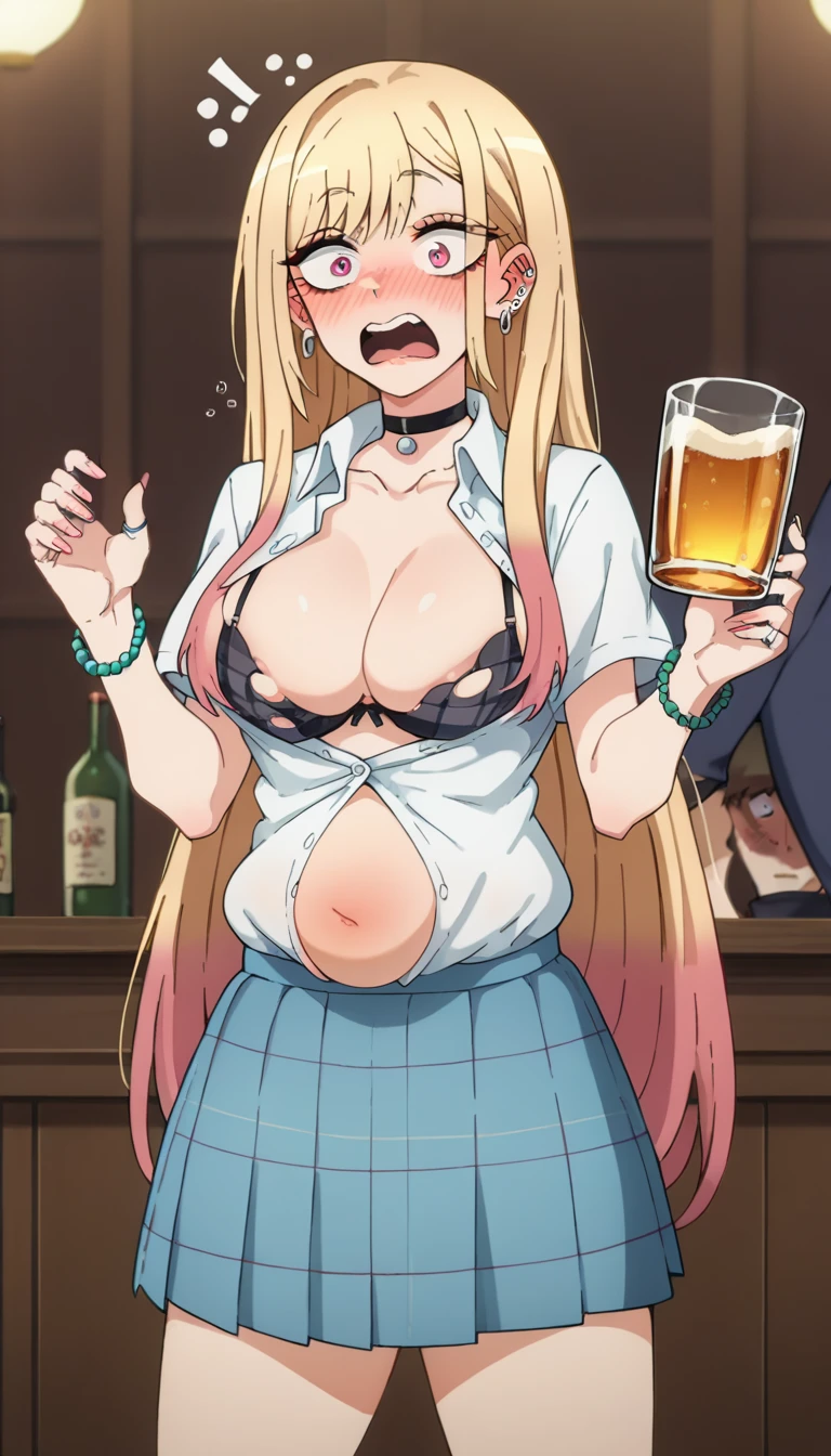 score_9, score_8_up, score_7_up, source_anime, KitagawaMarin, 1girl, ((obesse)), ((morbid obesity)), ((belly stuffed)), ((surprised)), ((very drunk)), ((staggers)), ((agitated)), ((provocative)), upper teeth only, multicolored hair, long hair, magenta eyes, ear piercing, earrings, pink nails, makeup, MarinSchool, bead bracelet, black choker, neck bell, ring, collared shirt, ((white shirt unbuttoned)), short sleeves, blue necktie, plaid skirt, ((blue skirt)), tied shirt, ((standing), looking at viewer, ((has a stomach ache)), ((shows her naked breasts)), ((torn bra)), ((skirt lowered)), a person looks at her