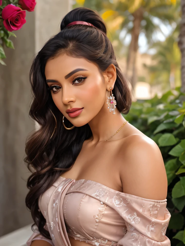 Create an ultra-realistic image of a modern, attractive female influencer of Indian descent, aged between 27 to 30. She should have a warm and inviting smile, expressive almond-shaped eyes with a slight shimmer, and clear, glowing skin with a medium brown complexion. Her features should be well-defined, with high cheekbones and a sharp jawline.
Her hair should be long, thick, and wavy, with a natural shine and bounce, styled in a sleek high ponytail with a bit of volume at the crown. The hair color should be a vibrant, warm red that’s eye-catching and bold.
She should have a slender yet athletic build, reflecting a healthy and active lifestyle, with a medium bust size (40-42 inches) that is balanced and proportionate. She is wearing a dusty rose organza saree with a white lace off-shoulder blouse that highlights her toned figure.
Her outfit is completed with stylish black heeled sandals that add elegance to her look. She accessorizes with subtle yet chic jewelry, such as small hoop earrings and a few thin bangles.
The background should be a romantic terrace with climbing roses and a sunset view, suggesting a serene and enchanting atmosphere.