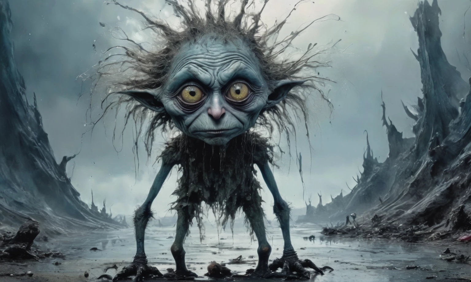pretty face,eyebrow up,full body length shot,obsidian elf,full body length shot,very beggar niobium Manganite The Alien Entity, babychild, wants eat,full body shot of full body shot of psychedelic style ,The iris looks weird, attractive, The stars in space is reflected in the pupil, goose down eyelashes, long wavy luminescent hair, baggy clothes,  the Lord of the Rings, ,Extremely detailed,High contrast,Masterpiece,Realism,Ultra Detailed, intricate details,realistic humid leather, cinematic style,irina yermolova,high contrast,hdr,extremely detailed, [deep night landscape],masterpiece,intricate details,faded,eyes extremely detailed,Silverclaw,view from height,full-body-shot,High contrast,Masterpiece,Realistic,Ultra Detailed,intricate details,realistic humid skin,extremly intricate,realism,photorealism, cinematic style,irina yermolova,HDR,((Wangechi Quality)),extremely detailed,masterpiece,intricate details,faded,eyes extremely detailed, high detailed eyes,16k resolution,RAW, Nikon Z9,authentic,full body length,Labradorite babygirl,native italian troll ,pretty face,eyebrow up,full body shot,ominous landscape,glate gray atmosphere,by art Simon Stalenhag,Nicola Samori,(((Wangechi Mutu))),prime colors,urban,extremely detailed,masterpiece,intricate details,faded,eyes extremely detailed, high detailed eyes,4k resolution,RAW, Nikon Z9,scary town,stalker,goblin,Dubai of United Arab Emirates,Mestichino,Light particles,marble leather ,ink photography ,Mestichino,Light particles,chaos