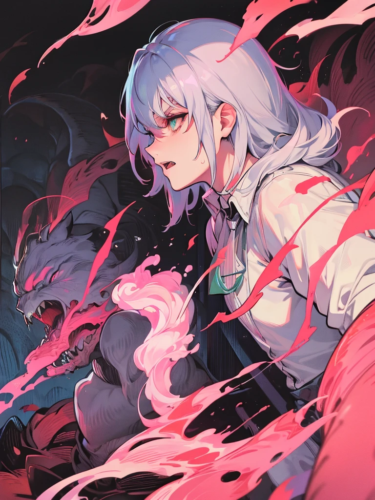 (masterpiece, best quality),(half body), 1 men, silver hair, green eyes , nude , white shirt , Throat, wet with sweat, Six pack, pink nipples, Insidious, Sharp-eyed, fierce eyes, canine teeth,