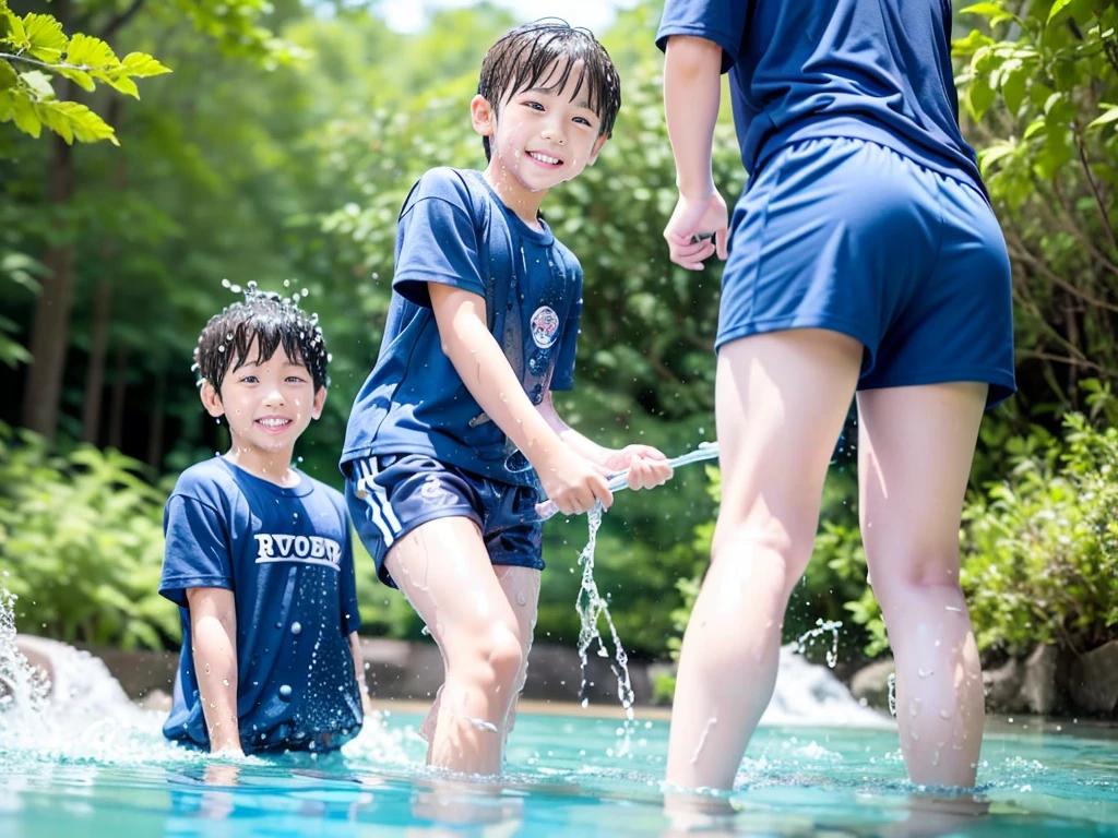 In the forest、Swimming in the river、Cool and refreshing water、e eleYear old boy、Boy in gym clothes、The bottom of the white T-shirt is blue、Blue shorts、The boys are playing、Get wet all over、Noisy boys、Splashing Water、Japanese、(Boy 1.4)