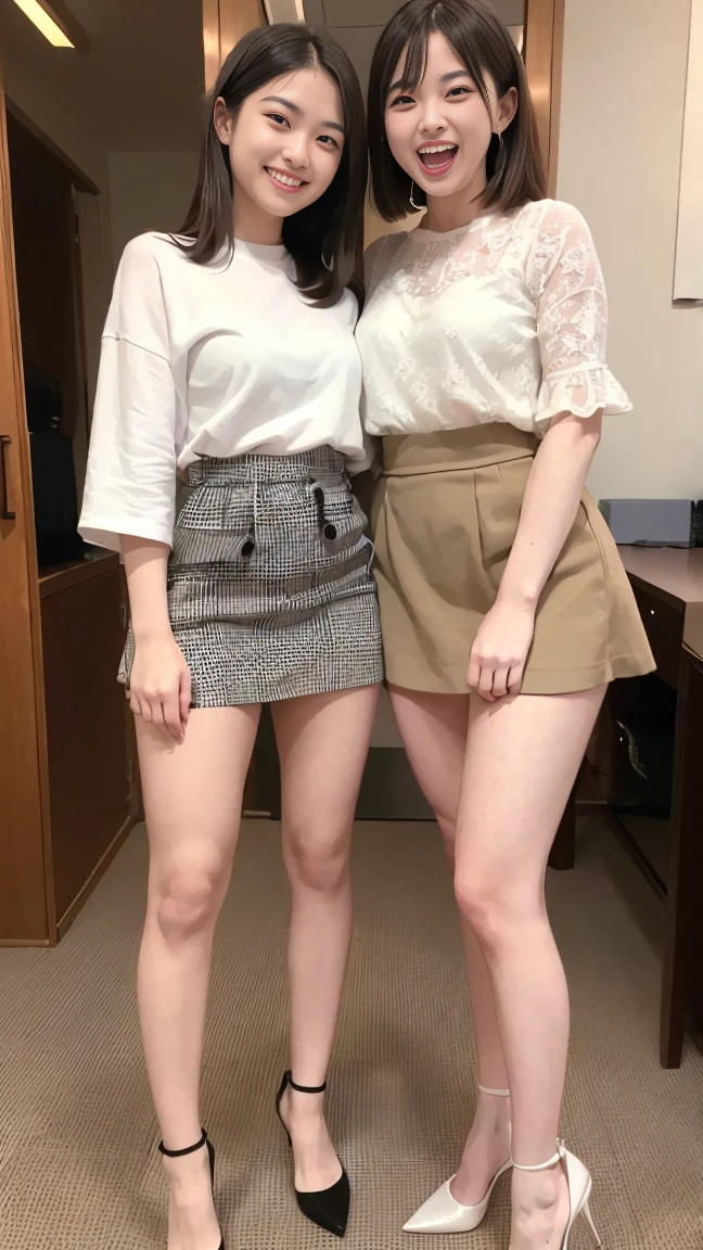 (Highest quality, masterpiece, Photo Real, Super detailed, Ultra-high resolution, born:1.3), (Two women laughing at the camera), beautiful, Japanese, 20-year-old, (mini skirt), (Looking at the camera and laughing with his mouth wide open), high waist, office, (Long legs, High heels, whole body:1.2),(Top view:1.2)