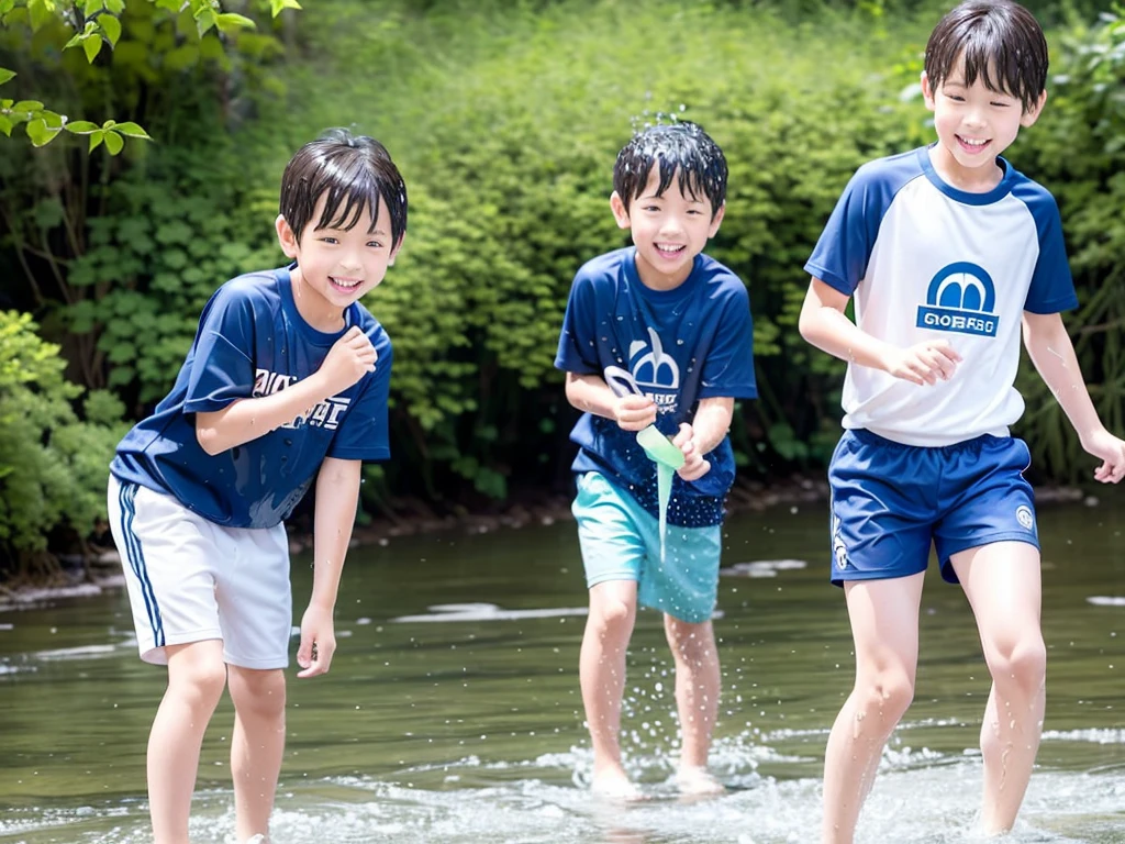 In the forest、Swimming in the river、Cool and refreshing water、Cute elementary school boy、10Year old boy、Boy in gym clothes、The bottom of the white T-shirt is blue、Blue shorts、The boys are playing、Get wet all over、Noisy boys、Splashing Water、Japanese、(Boy 1.4)