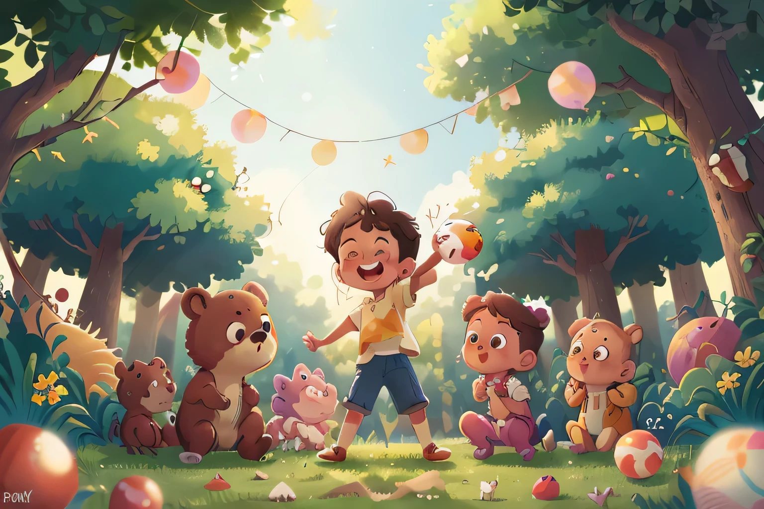 A boy, cute, playing with other boys and girls different ethnicities or races ball, many balloons, happy, happy, perfect quality, clear focus (clutter - home: 0.8), (Masterpiece: 1.2) (Realistic: 1.2) (bokeh) (best quality) ( detailed skin: 1.3) (intricate details) (8k) (eyes detail) (sharp focus), (happy)On a fabulous and unusual surreal background, trees, animals (deer, bear, squirrels, rabbits), friendly, illustration,