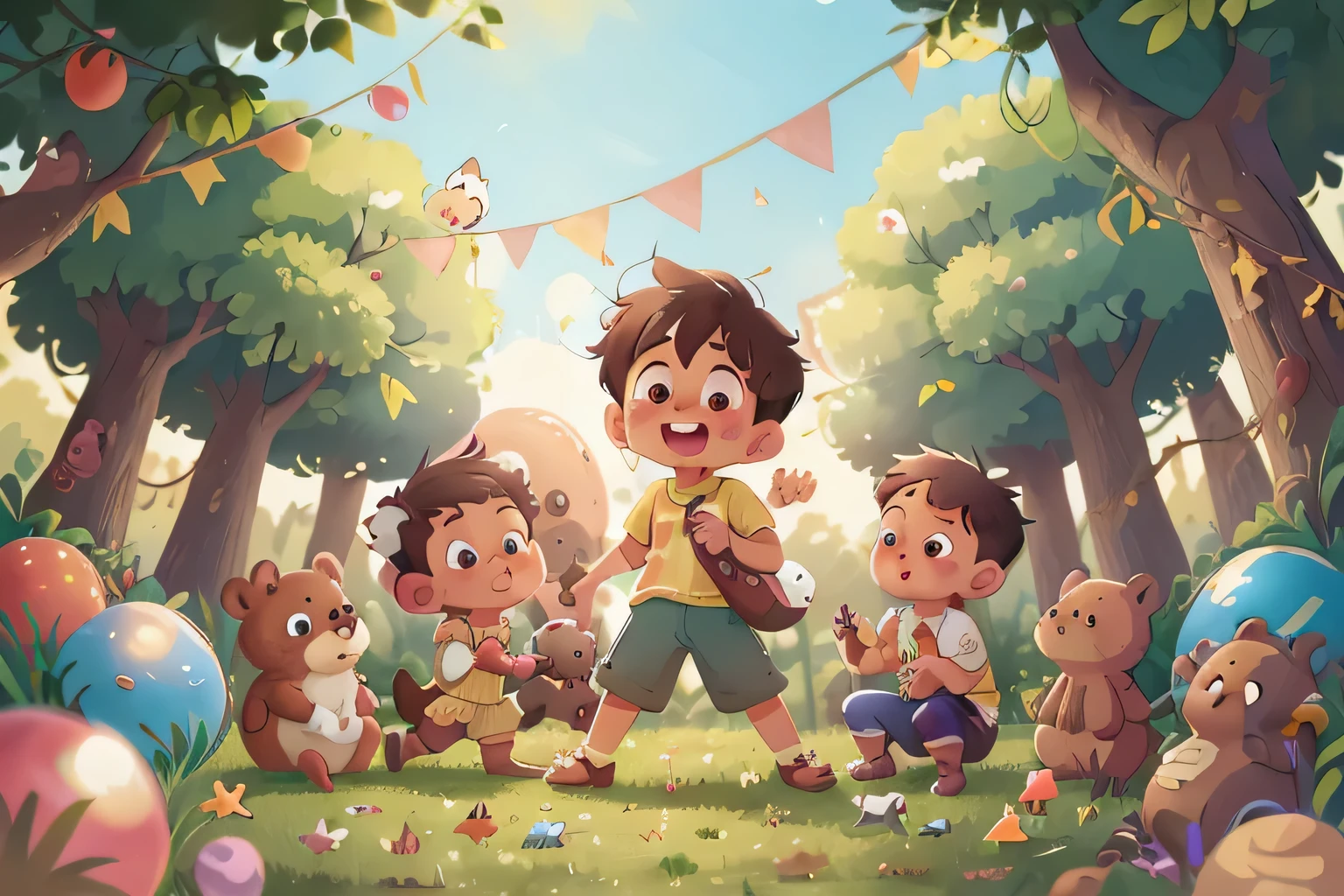 A boy, cute, playing with other boys and girls different ethnicities or races ball, many balloons, happy, happy, perfect quality, clear focus (clutter - home: 0.8), (Masterpiece: 1.2) (Realistic: 1.2) (bokeh) (best quality) ( detailed skin: 1.3) (intricate details) (8k) (eyes detail) (sharp focus), (happy)On a fabulous and unusual surreal background, trees, animals (deer, bear, squirrels, rabbits), friendly, illustration,
