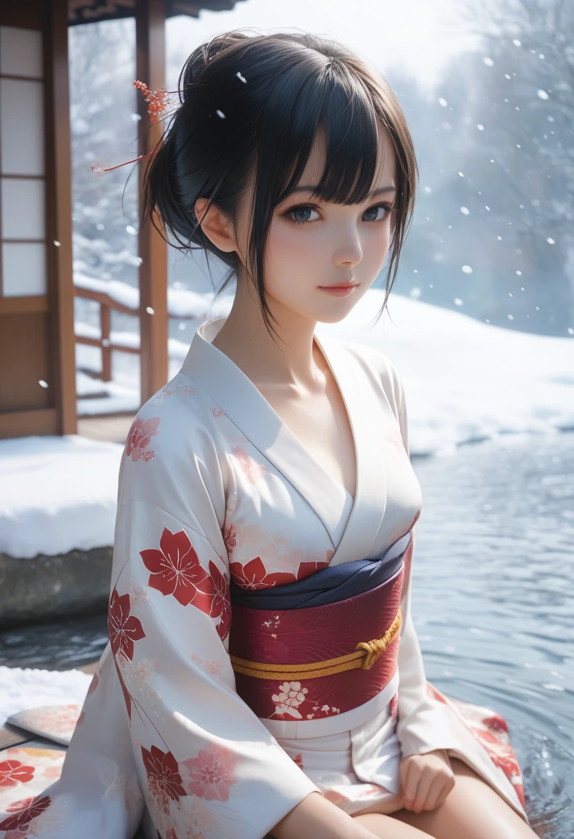 score_9, score_8_up, score_7_up, 1girl, solo, looking at viewer, short hair, black eyes, beautiful detailed eyes,black hair, nape, collarbone, long sleeves, sitting, closed mouth, small breasts, outdoors, japanese clothes, wide sleeves, kimono, water, sash, obi, floral print, snow, snowing, white kimono, print kimono, break,(clear line illustration:1.2), super detailed skin,very high resolution, very aesthetic, Best sexual lighting powered by famous artist, 8k,cute picture,beauty illustration,photoshop_(medium),,(Detailed Lighting),uncensored,