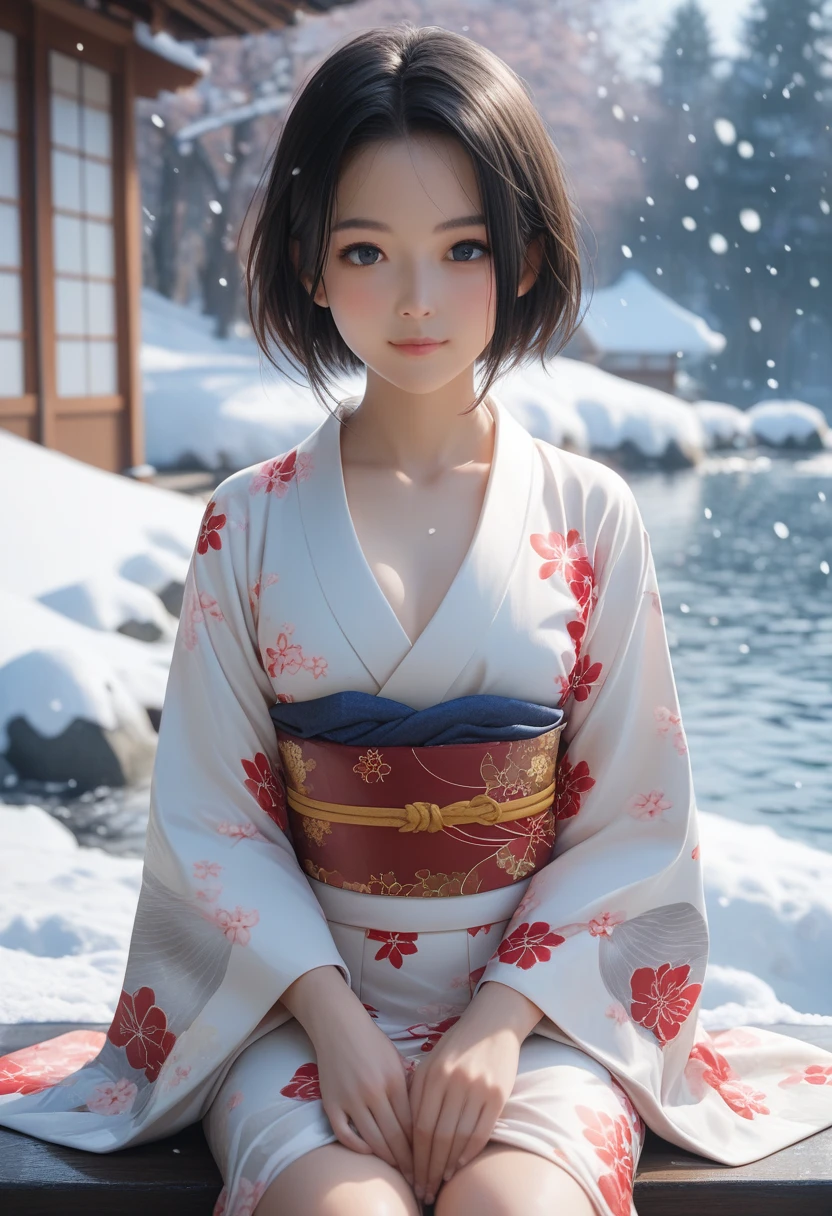 score_9, score_8_up, score_7_up, 1girl, solo, looking at viewer, short hair, black eyes, beautiful detailed eyes,black hair, nape, collarbone, long sleeves, sitting, closed mouth, small breasts, outdoors, japanese clothes, wide sleeves, kimono, water, sash, obi, floral print, snow, snowing, white kimono, print kimono,  break,(clear line illustration:1.2), super detailed skin,very high resolution, very aesthetic, Best sexual lighting powered by famous artist, 8k,cute picture,beauty illustration,photoshop_(medium),,(Detailed Lighting),uncensored,