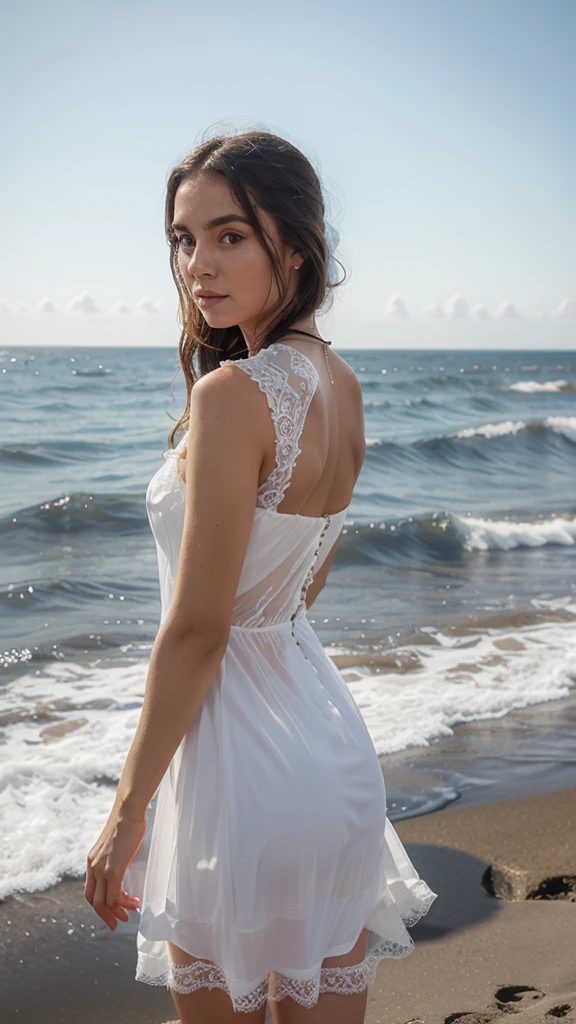 girl standing at sea, sea water height till kness, transparent white lace dress, see through dress, hands Cross, forward view, beautiful face,