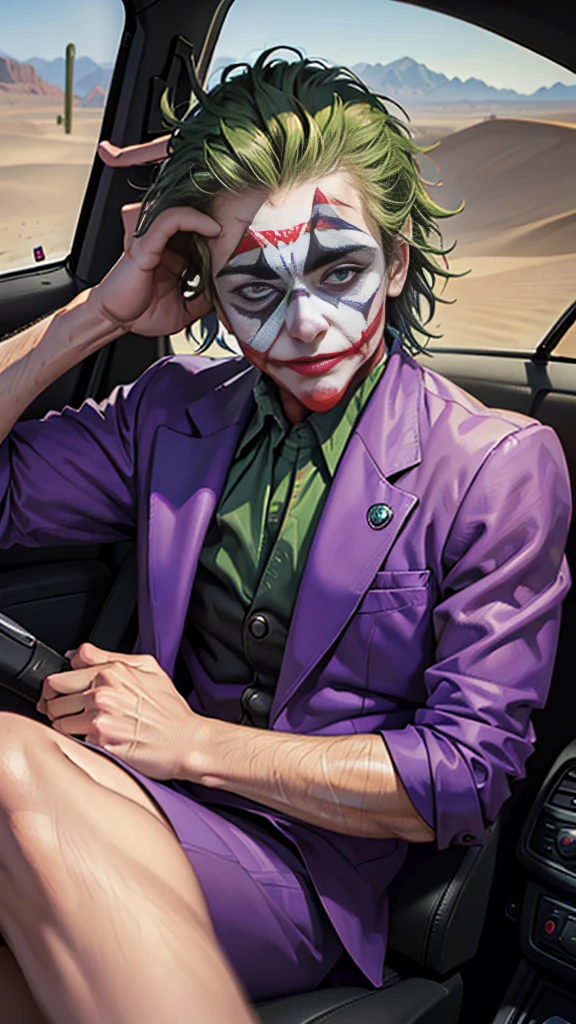 (Masterpiece: 1.2), (CGI art:1.3), (realistic:1.5), (post processing:1.3), (sharp focus:1.3), (1 person : 1.6), 1 person at the wheel, (the joker: 1.3 ), (drive: 1.3), in a BMW , (การdrive: 1.3) ,(desert:1.3)