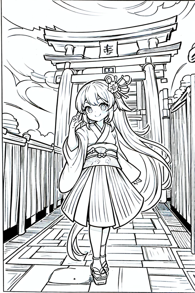 As a coloring book, the color should be black and white, the border should be simple, clear, and bold. A cheerful Asian girl with bright eyes and a mischievous smile is playfully posing in front of the iconic [Fushimi Inari-taisha Shrine] in Kyoto, Japan. She is dressed in a vibrant [kimono with fox pattern], the bold orange and white colors complementing the vermilion torii gates that line the path. The girl's hands are clasped in a playful gesture, and her hair is adorned with a traditional [kanzashi hair ornament].