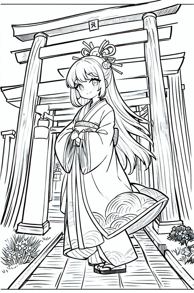 As a coloring book, the color should be black and white, the border should be simple, clear, and bold. A cheerful Asian girl with bright eyes and a mischievous smile is playfully posing in front of the iconic [Fushimi Inari-taisha Shrine] in Kyoto, Japan. She is dressed in a vibrant [kimono with fox pattern], the bold orange and white colors complementing the vermilion torii gates that line the path. The girl's hands are clasped in a playful gesture, and her hair is adorned with a traditional [kanzashi hair ornament].