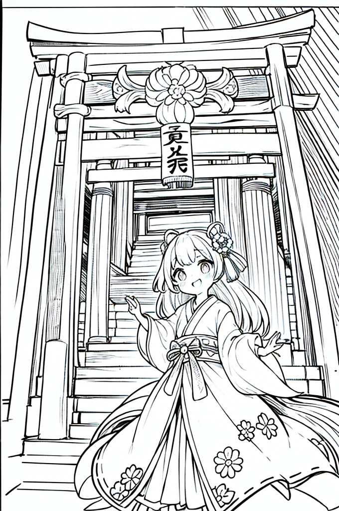As a coloring book, the color should be black and white, the border should be simple, clear, and bold. A cheerful Asian girl with bright eyes and a mischievous smile is playfully posing in front of the iconic [Fushimi Inari-taisha Shrine] in Kyoto, Japan. She is dressed in a vibrant [kimono with fox pattern], the bold orange and white colors complementing the vermilion torii gates that line the path. The girl's hands are clasped in a playful gesture, and her hair is adorned with a traditional [kanzashi hair ornament].