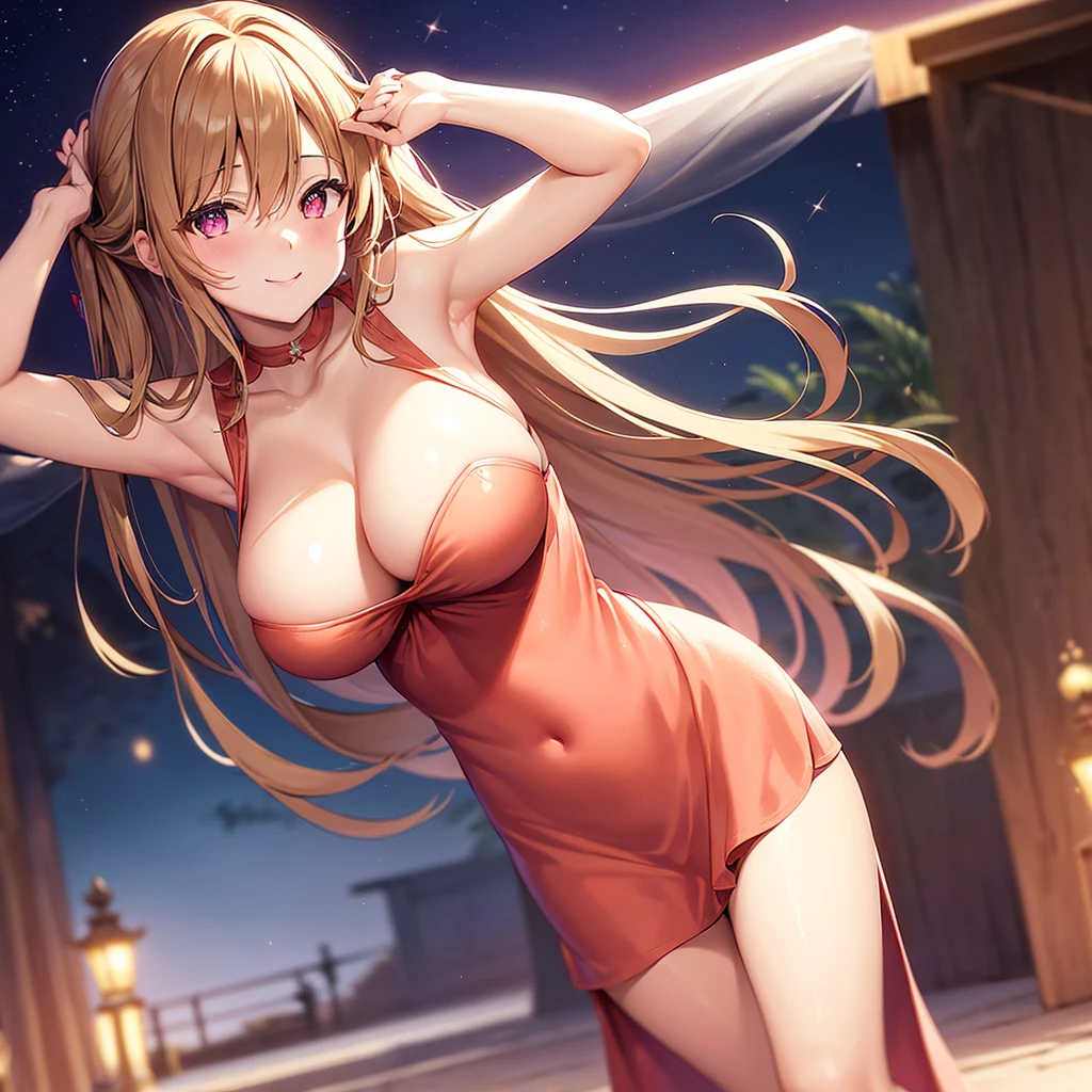 asuna,STAR, crown half up hairstyle, woman, seductive smile, large , peach pink pupils, beautiful long dress, brown Clothes, dusk, dusk sky, sunset,Free Pose、Shoulder Off、Big Brege exposure、 woman、Low - Angle