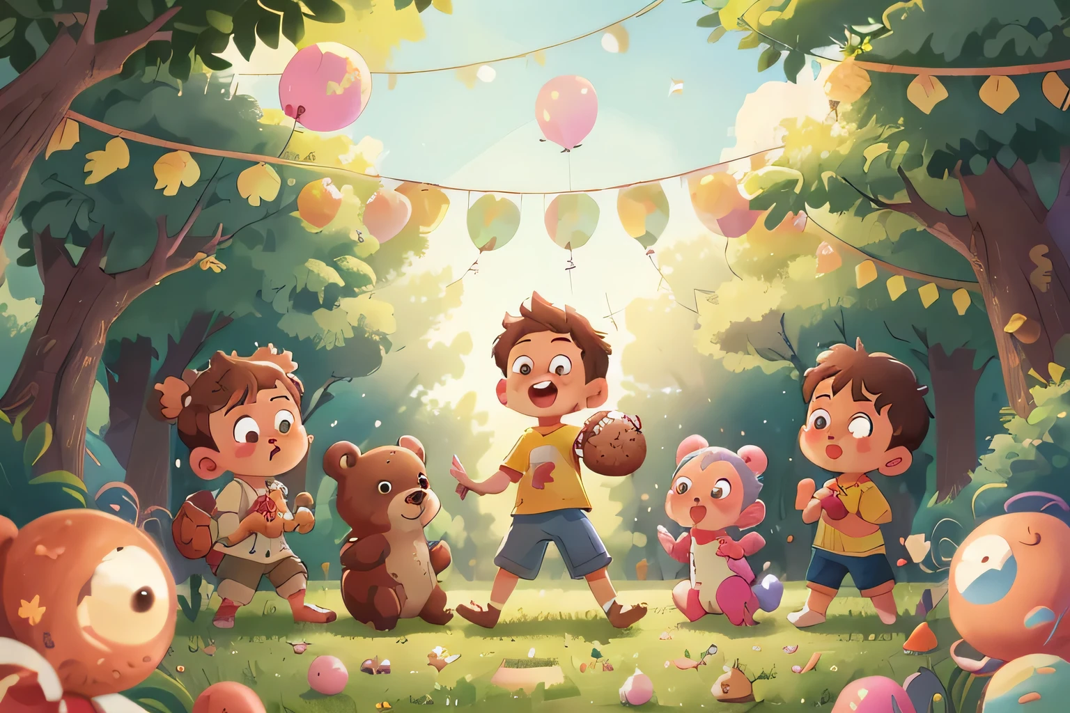 A boy, cute, playing with other boys and girls different ethnicities or races ball, many balloons, happy, happy, perfect quality, clear focus (clutter - home: 0.8), (Masterpiece: 1.2) (Realistic: 1.2) (bokeh) (best quality) ( detailed skin: 1.3) (intricate details) (8k) (eyes detail) (sharp focus), (happy)On a fabulous and unusual surreal background, trees, animals (deer, bear, squirrels, rabbits), friendly, illustration,