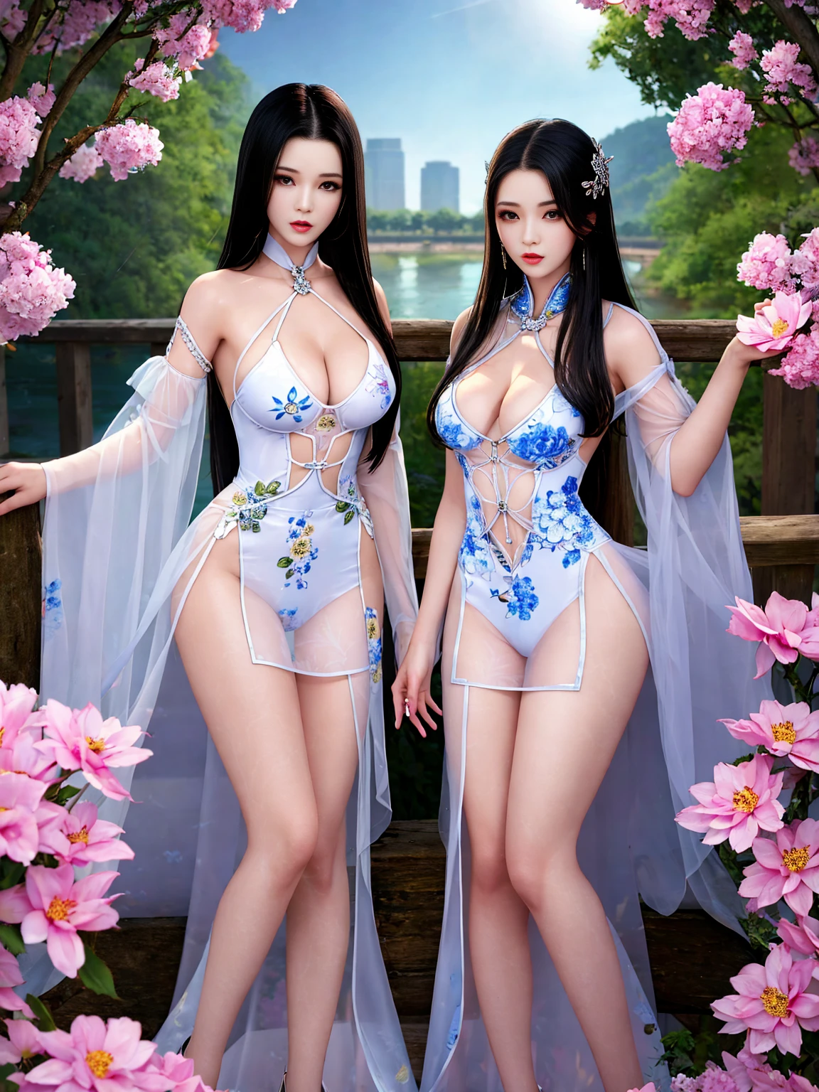 Top quality, masterpiece, high resolution, Chinese,,,,On the banks of the river,,,,,On the banks of the river,,,,,,,,,,,,naked,,stand erect,,2girl, charming appearance and personality, big body, extremely sexy, ,,,,Floral print ,, ,Floral print,, Light yellow floral fragments,,(transparent ), large hollow see-through, beautiful and delicate face, (desire figure) perfect slim figure (nipple slip: 0.5), perfect white skin,stand erect,,Smooth black long hair,,,,Black Hair