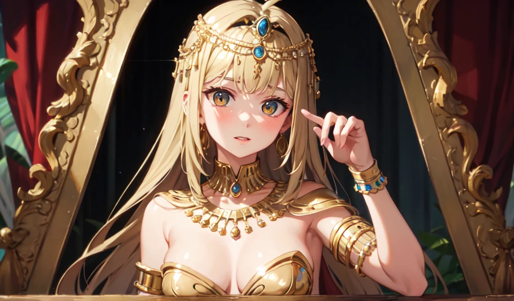 ((Highest quality)), ((masterpiece)), (detailed), Beautiful Cleopatra feels very embarrassed in the palace,Gold ornaments,sexy